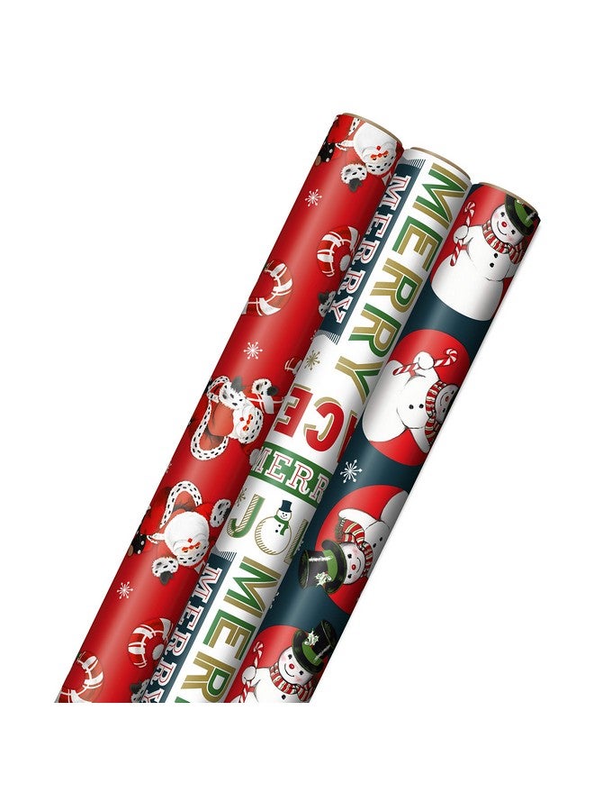 Hallmark Vintage Christmas Wrapping Paper Cut Lines On Reverse (3 Rolls: 120 Sq. Ft. Ttl) Dancing Santas, Classic Snowman, "Merry, Jolly, Happy, Peace" - Image 1