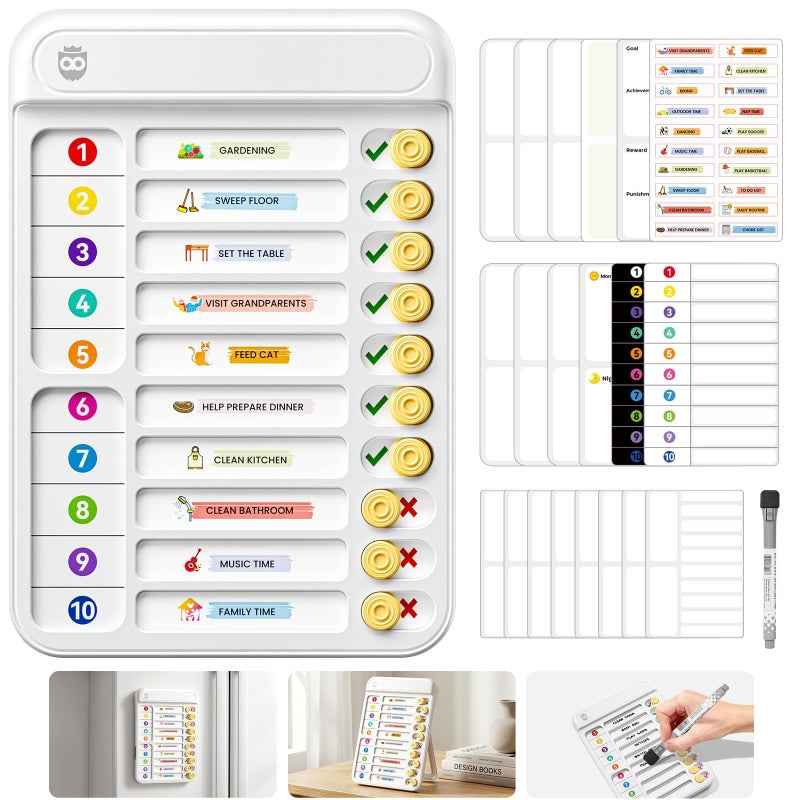 Owlprince Chore Chart for Kids Checklist Planning Board with Sliders 19 Personalizable Sheets and Magnetic Marker ADHD Tools for Kids to Do List Routine Chart Visual Schedule Board with Stand - Image 2