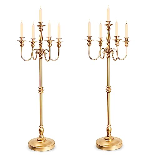 LANLONG Gold Candelabra for Wedding Event Decor, 50'' Tall Floor Candle Holders, 2 Pcs Metal 5 Arm Centerpiece Decorations for 5 Candlesticks Party Wedding Aisle Home Decor - Image 1