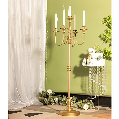 LANLONG Gold Candelabra for Wedding Event Decor, 50'' Tall Floor Candle Holders, 2 Pcs Metal 5 Arm Centerpiece Decorations for 5 Candlesticks Party Wedding Aisle Home Decor - Image 2