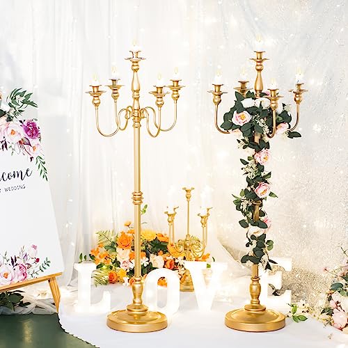 LANLONG Gold Candelabra for Wedding Event Decor, 50'' Tall Floor Candle Holders, 2 Pcs Metal 5 Arm Centerpiece Decorations for 5 Candlesticks Party Wedding Aisle Home Decor - Image 3