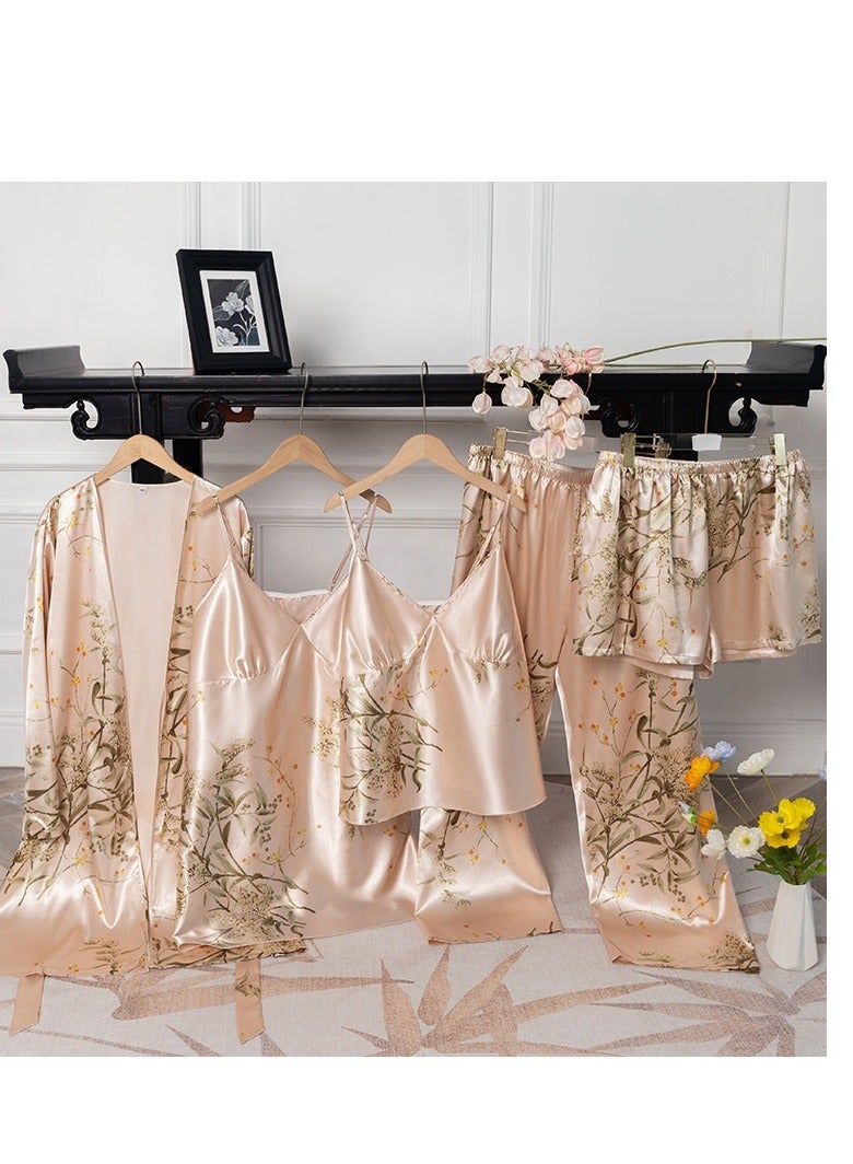 Large Print Five Piece Pajama Home Outfit (Nightgown+2 Camisoles+Pants+Shorts) - Image 1