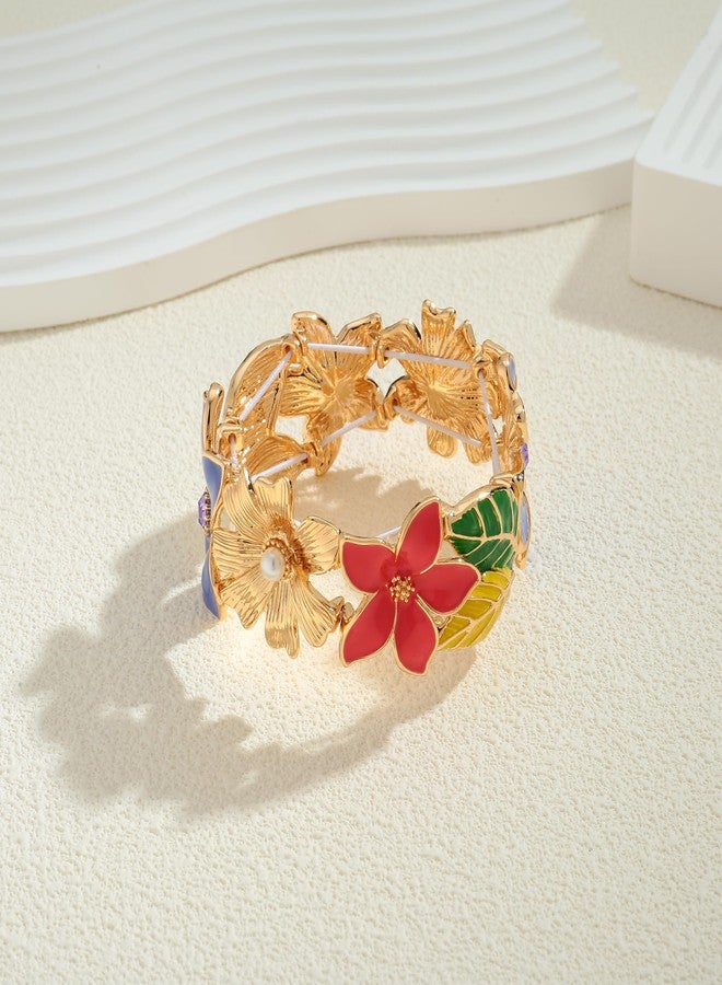 WOWORAMA Colorful Flower Bracelet for Women Adjustable Flower Stretch Bangle Bracelet Boho Painted Enamel Vibrant Floral Bracelets Chunky Statement Bracelet - Image 2