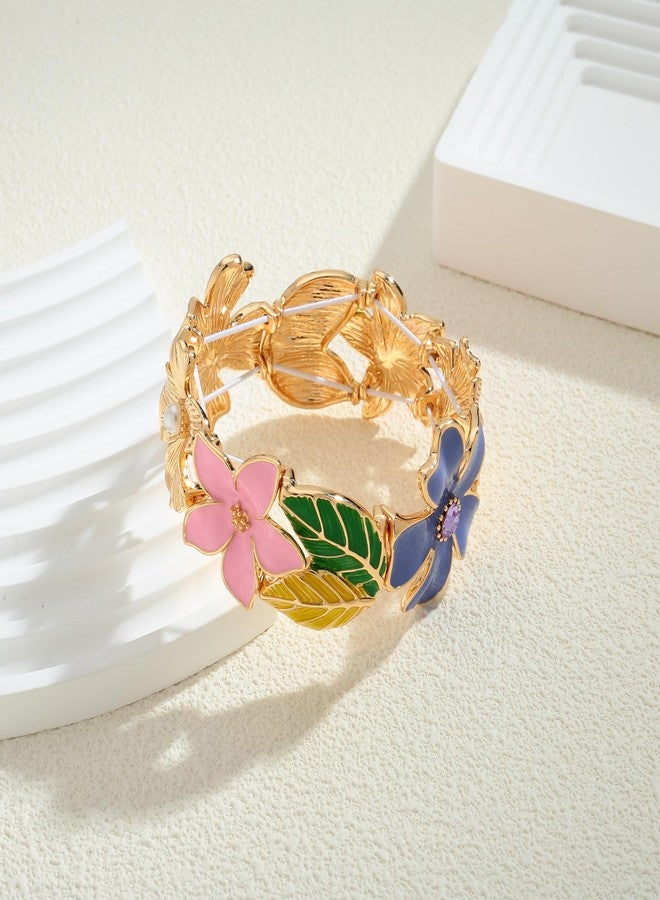 WOWORAMA Colorful Flower Bracelet for Women Adjustable Flower Stretch Bangle Bracelet Boho Painted Enamel Vibrant Floral Bracelets Chunky Statement Bracelet - Image 3
