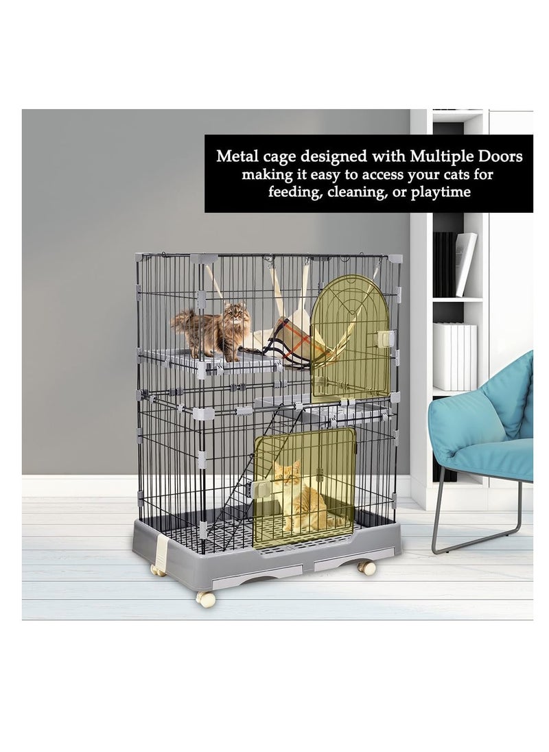 NNC PETS Multi-layer cat cage with Widened floors, Cozy Hammock and Step Ramp, 102 cm Indoor cat playhouse with Removable tray, Lockable wheels and Space-saving cat cage, Easy to assemble (Black)  - Image 5
