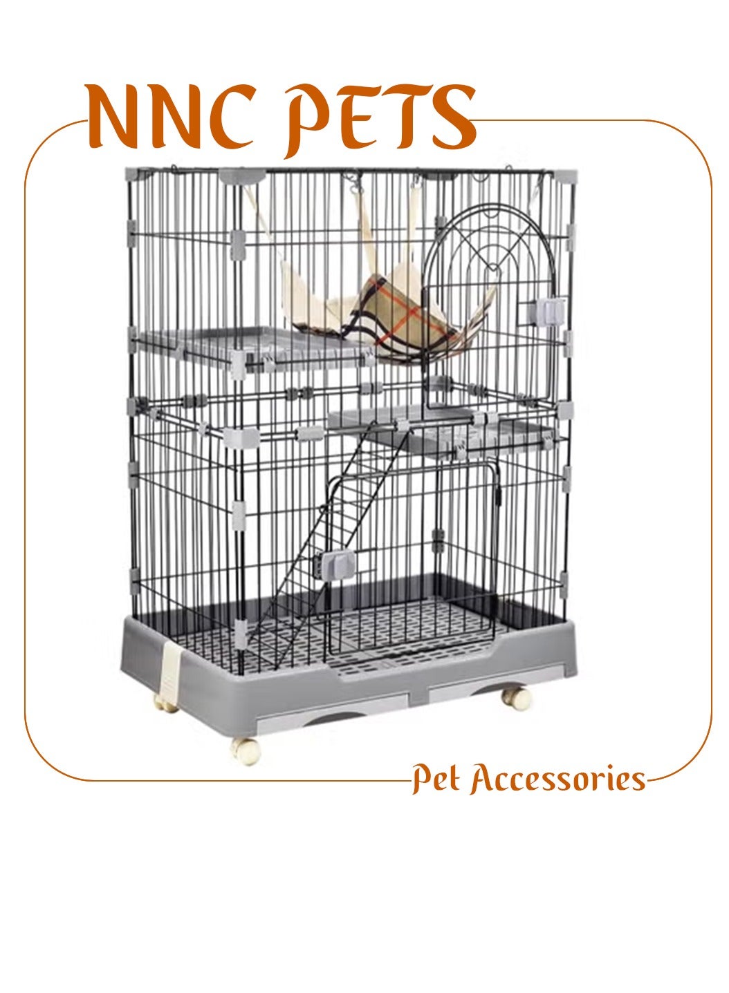 Multi-layer cat cage with Widened floors, Cozy Hammock and Step Ramp, 102 cm Indoor cat playhouse with Removable tray, Lockable wheels and Space-saving cat cage, Easy to assemble (Black)