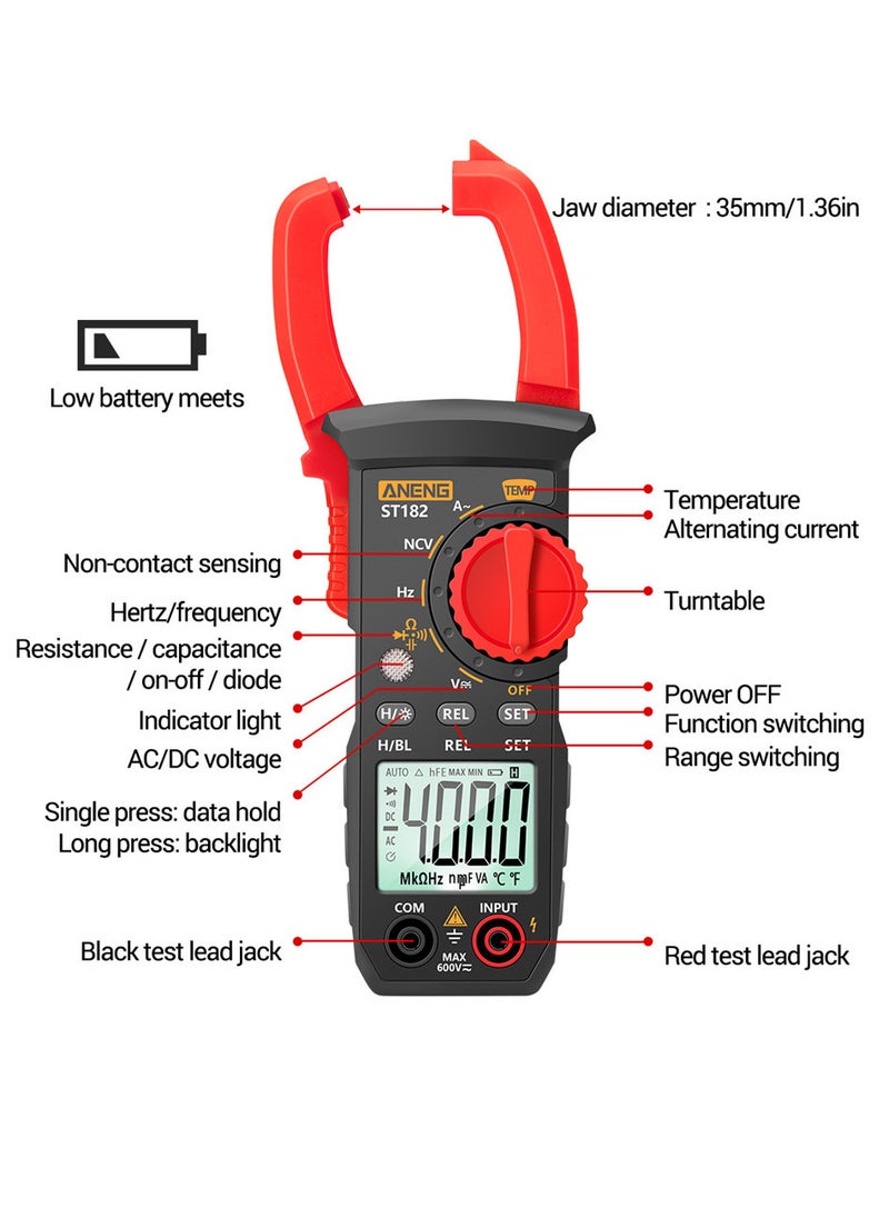 ANENG ST182 pro 4000 Counts Digital AC Current Clamp Meter 400A Automatic Range Multimeter with Backlight Voltage Meter Clamp Gauge NCV Test Clamp Ammeter Universal Meter Tester Measuring Temperature
