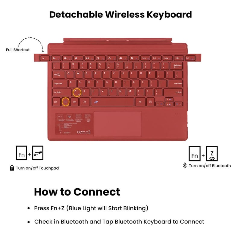 TECPHILE Surface Keyboard for Microsoft Surface Pro 7+/ 7/6/ 5/4/ 3, Smart Large Touchpad, Bluetooth 5.1, Magnetic Attachment, Long Battery Life (Red) - Image 4