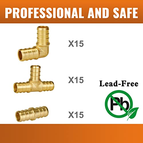 SUNGATOR 1/2" Pex Fittings, SUNGATOR 45 PCS 1/2 Inch Pex Fittings Set, 15 Each Elbow Tee Coupling, No Lead Brass, ASTM F1807 - Image 3