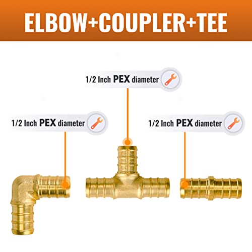 SUNGATOR 1/2" Pex Fittings, SUNGATOR 45 PCS 1/2 Inch Pex Fittings Set, 15 Each Elbow Tee Coupling, No Lead Brass, ASTM F1807 - Image 2