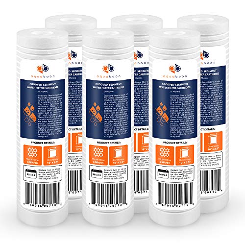 Aquaboon 5 Micron 10 x 2.5 Grooved Sediment Water Filter Replacement for Whole House Filter Cartridge Compatible with AP110, WHKF-GD05, CFS110, 6-Pack - Image 1