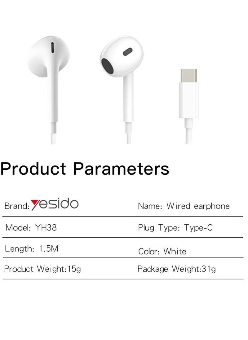 Yesido YH38 Type‑C Wired Earphones with Microphone – High‑Quality Stereo Sound Headset for USB‑C Smartphones, In‑Line Remote Controls for Music & Calls, Noise‑Isolating Earbuds with Durable Tangle‑Free Cable – White  - Image 3