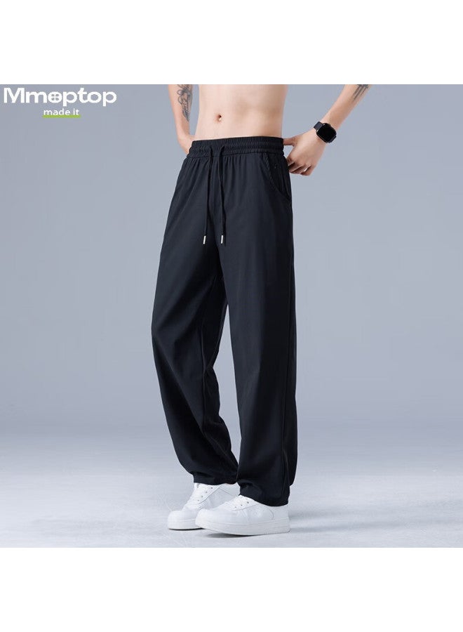 Mmoptop Ice Silk Pants Spring And Summer Men's Breathable Comfortable Draping Straight Casual Trousers Mxxk13 Black 4XL - Image 2