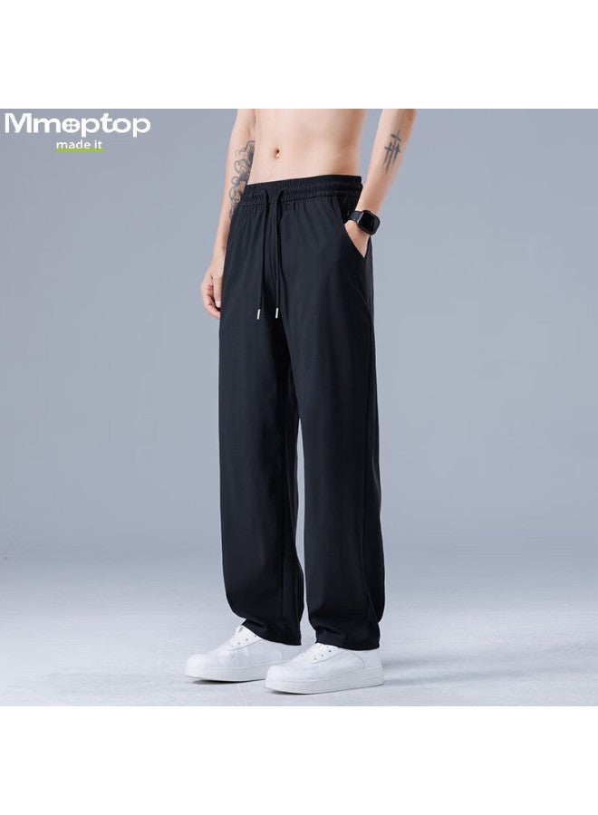 Mmoptop Ice Silk Pants Spring And Summer Men's Breathable Comfortable Draping Straight Casual Trousers Mxxk13 Black 4XL - Image 1
