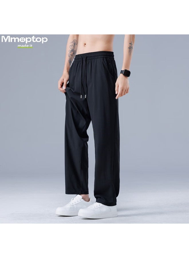 Mmoptop Ice Silk Pants Spring And Summer Men's Breathable Comfortable Draping Straight Casual Trousers Mxxk13 Black 4XL - Image 3