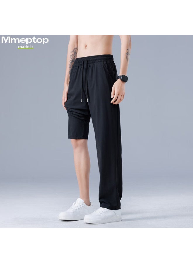 Mmoptop Ice Silk Pants Spring And Summer Men's Breathable Comfortable Draping Straight Casual Trousers Mxxk13 Black 4XL - Image 4