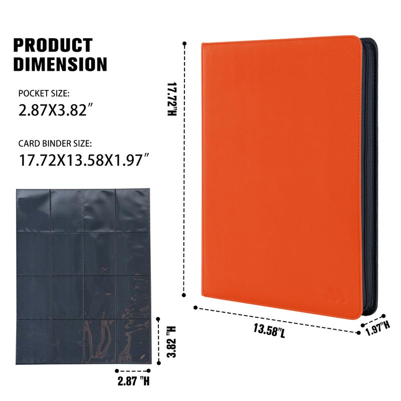 MORABTO Card Binder 16 Pocket,Trading Card Binder Holds up to 1408 Cards with 44 Sleeves,Zipper Card Holder Album Compatible with TCG Card/Game Cards/Sports Card-Orange - Image 2