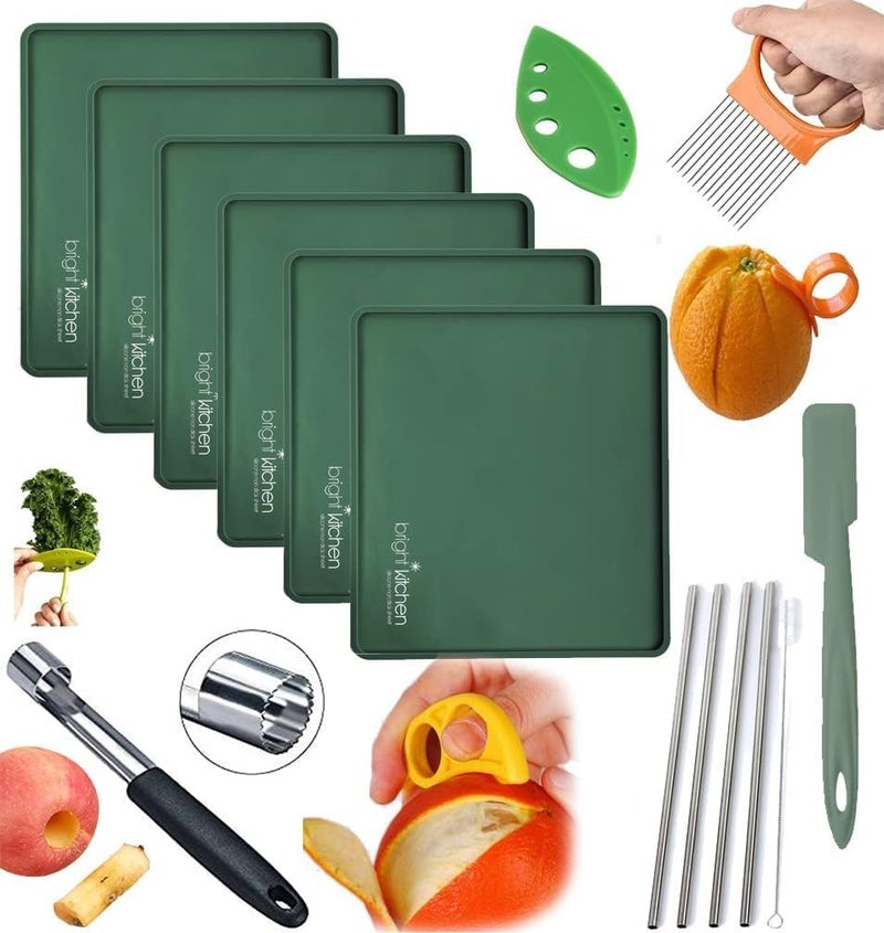 Bright Kitchen 6 EDGE Sheets + Accessories Pack Silicone Dehydrator Sheets Compatible With Cosori Premium CP267-FD Non Stick Dryer Mats for Jerky, Fruit, Herb Stripper, Chips, Crackers Tray Liners, Spatula, Apple - Image 1