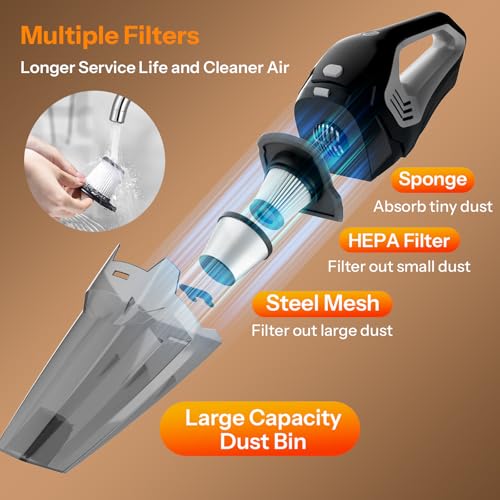 UN1QUE Cordless Vacuum Cleaner for Car Use | Home Use, 8000Pa Suction Portable Rechargeable Car Vacuum Cleaner 2 in 1 with Steel Mesh Filter, 650ML Dustbin, 4 Nozzles, USB Rechargeable (Grey) - Image 4