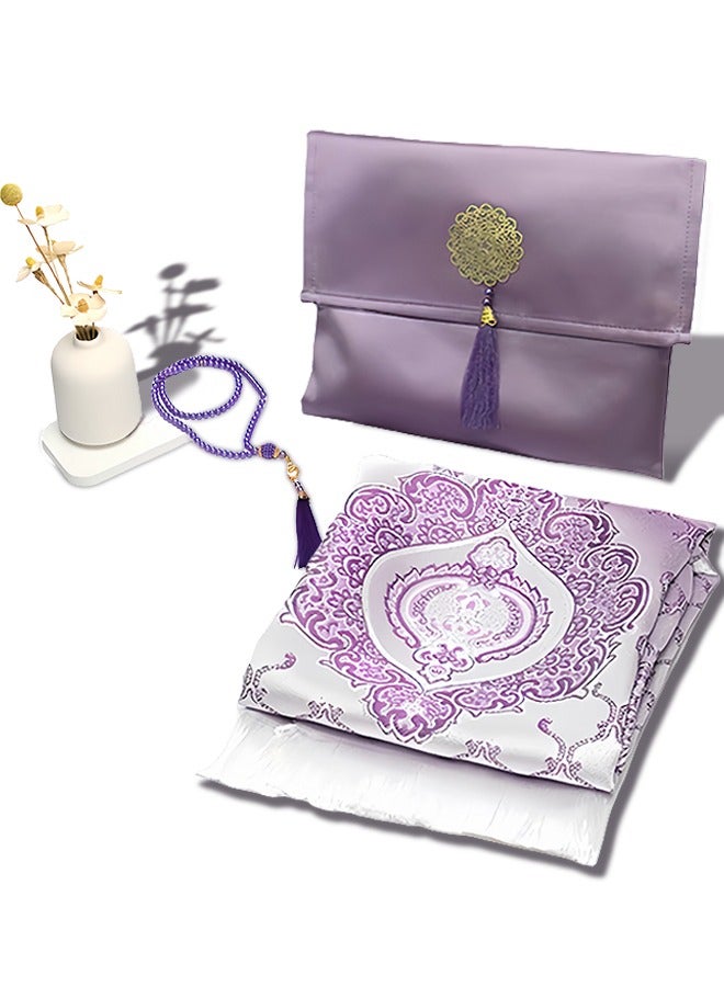 Sunnaltree 3PCS Prayer Mat Set, Beautiful Prayer Mat, With Pouch and Tasbih, Premium Quality Skin Friendly Materiel, Foldable Prayer Carpet Mat, Ideal for Home, Travelling, At Office, At Work, For Ramadan, Eid Etc, Best Gift Idea Prayer(Purple)  - Image 1