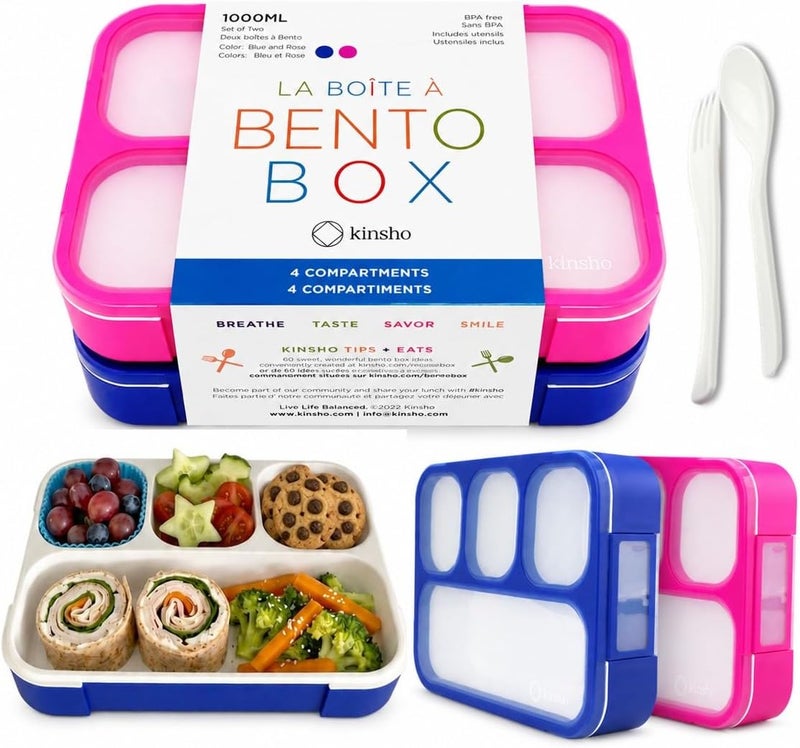 Kinsho Bento Lunch-Box for Kids and Adults: Leakproof Lunch Boxes with 4 Compartments, Divided Containers for Boys Girls Women Men - School Work Portion Container, Utensils, Blue + Rose Pink Set - Image 1