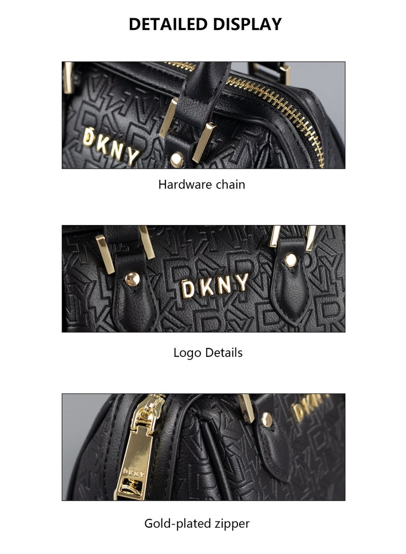 Donna Karan 2026 New Style Vintage DKNY Small Doctor Satchel Bag Dual Texture Jacquard Canvas Embossed Monogram Leather Trim Gold Metal Logo Zipper Mini Top Handle  Handbag For Daily Wear - Image 5