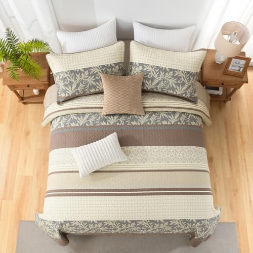 SahSahCasa Quilt Set King Size, 100% Cotton, King Comforter Set, Striped Quilted Bedspreads, Farmhouse King Bedding Set, Reversible Lightweight Bed Spread for All Season, Brown/Beige/Gray, 3pcs - Image 4