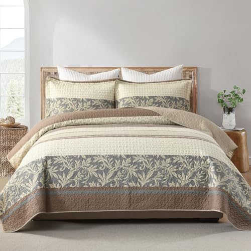 SahSahCasa Quilt Set King Size, 100% Cotton, King Comforter Set, Striped Quilted Bedspreads, Farmhouse King Bedding Set, Reversible Lightweight Bed Spread for All Season, Brown/Beige/Gray, 3pcs - Image 1