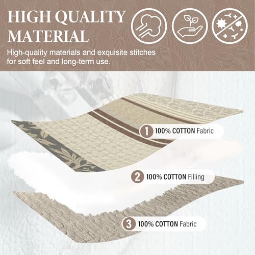 SahSahCasa Quilt Set King Size, 100% Cotton, King Comforter Set, Striped Quilted Bedspreads, Farmhouse King Bedding Set, Reversible Lightweight Bed Spread for All Season, Brown/Beige/Gray, 3pcs - Image 5