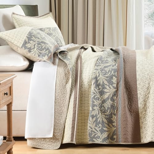SahSahCasa Quilt Set King Size, 100% Cotton, King Comforter Set, Striped Quilted Bedspreads, Farmhouse King Bedding Set, Reversible Lightweight Bed Spread for All Season, Brown/Beige/Gray, 3pcs - Image 3