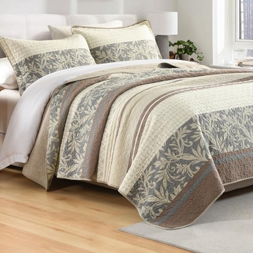 SahSahCasa Quilt Set King Size, 100% Cotton, King Comforter Set, Striped Quilted Bedspreads, Farmhouse King Bedding Set, Reversible Lightweight Bed Spread for All Season, Brown/Beige/Gray, 3pcs - Image 2