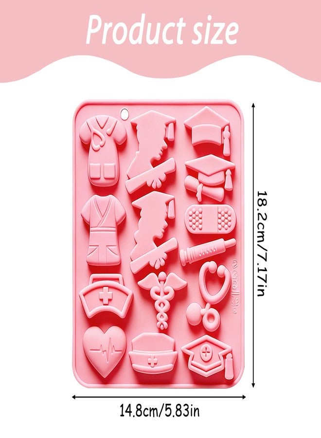 Fchil Silicone Medical Nurse Theme Mold, Pink, 14.8cm x 18.2cm, Graduation Cap Scrubs Stethoscope Syringe Shapes, Cake Cupcake Decorating - Image 2