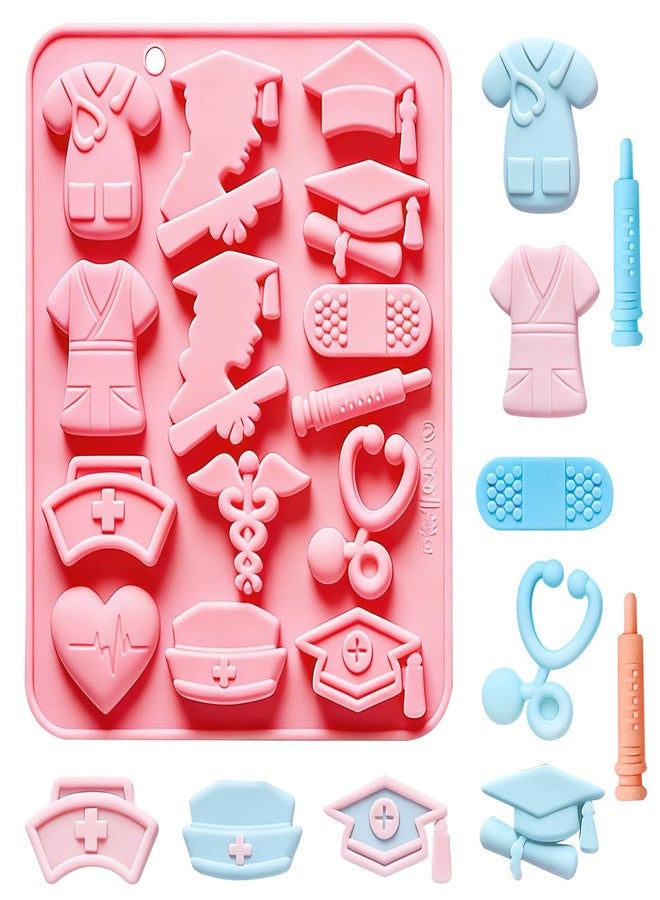 Fchil Silicone Medical Nurse Theme Mold, Pink, 14.8cm x 18.2cm, Graduation Cap Scrubs Stethoscope Syringe Shapes, Cake Cupcake Decorating - Image 1