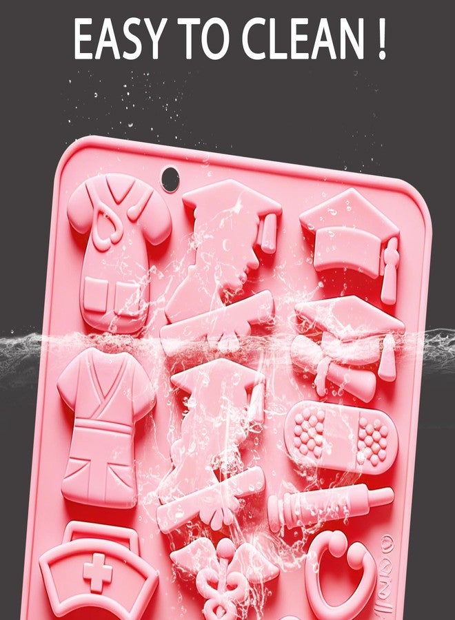 Fchil Silicone Medical Nurse Theme Mold, Pink, 14.8cm x 18.2cm, Graduation Cap Scrubs Stethoscope Syringe Shapes, Cake Cupcake Decorating - Image 3