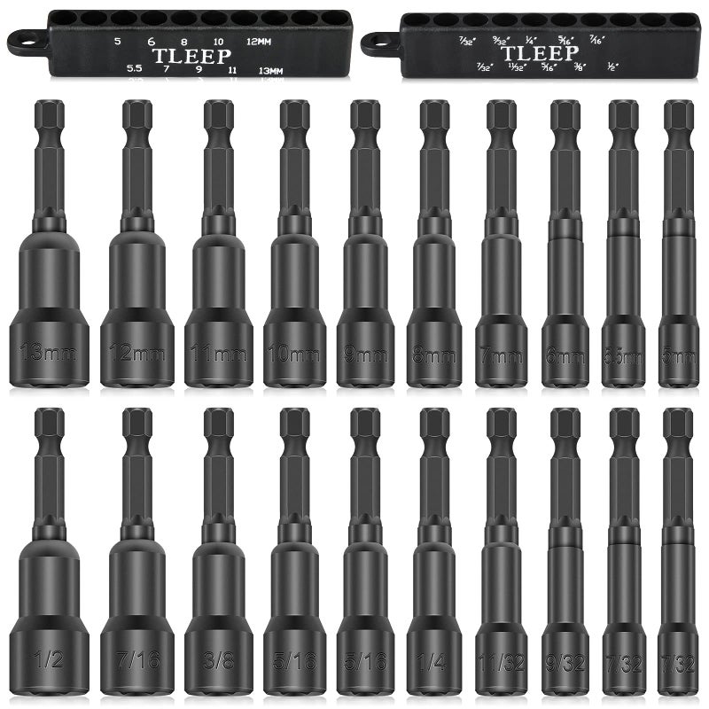 TLEEP 20 x 65MM Magnetic Power Nut Driver Set for Impact Drill 14 Hex Head Drill Bit Set SAE Metric Screwdriver Socket Set Chrome Vanadium Steel Quick Change Chuck Socket Wrench Nut Setters