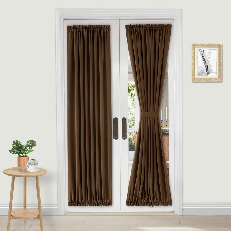 DWCN French Door Curtains  Rod Pocket Thermal Blackout Curtain for Doors with Glass Window Kitchen and Patio Doors for Privacy 25 X 72 Inches Long 1 Curtain Panel with Tieback Brown