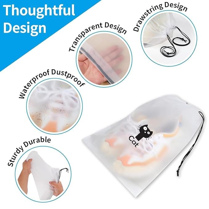 NIRVIK Pack of 10 Large Waterproof Shoe Bags | Travel Shoe Storage Drawstring Pouches, Durable Shoe Covers for Travel & Organization Waterproof, White (CAT Shoe Cover) - Image 4