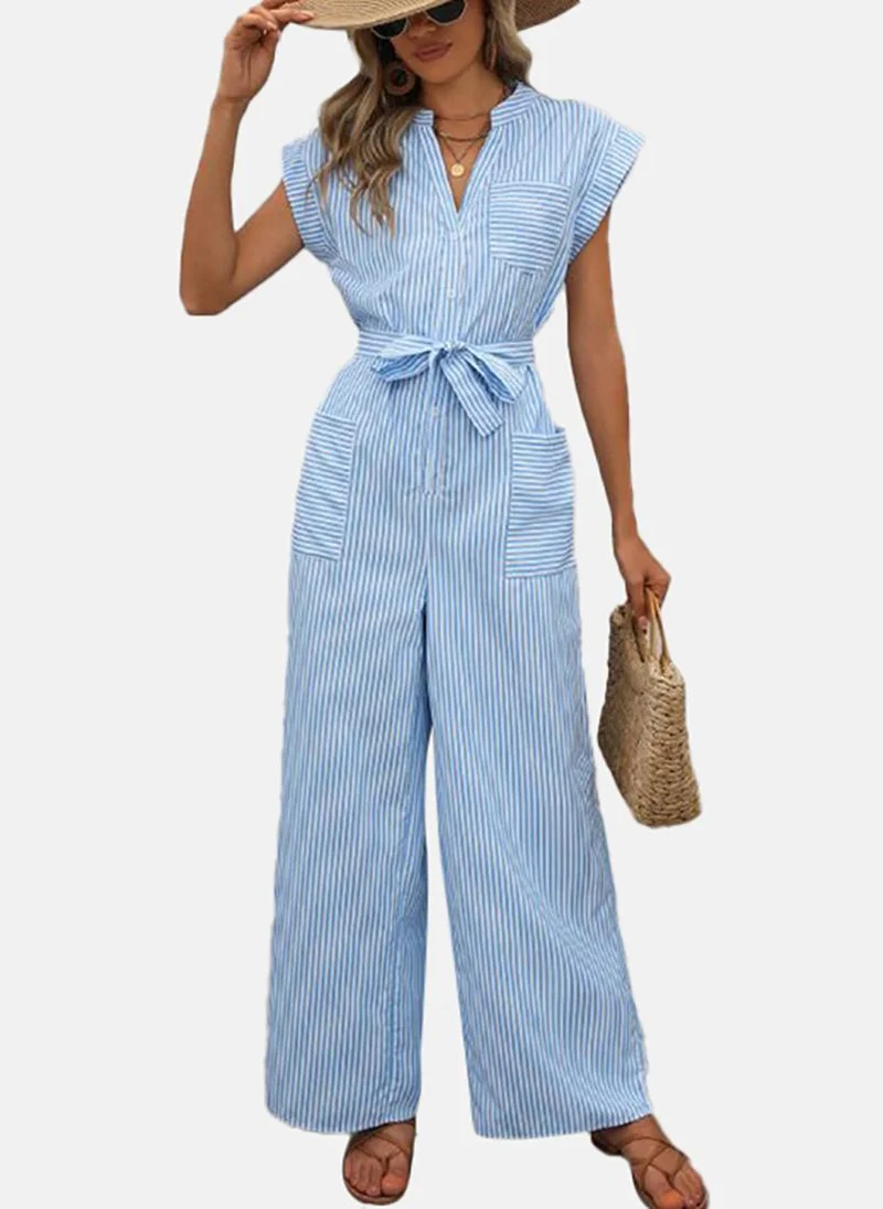 YUNIQEE Blue Striped Relaxed Fit Collared Jumpsuit