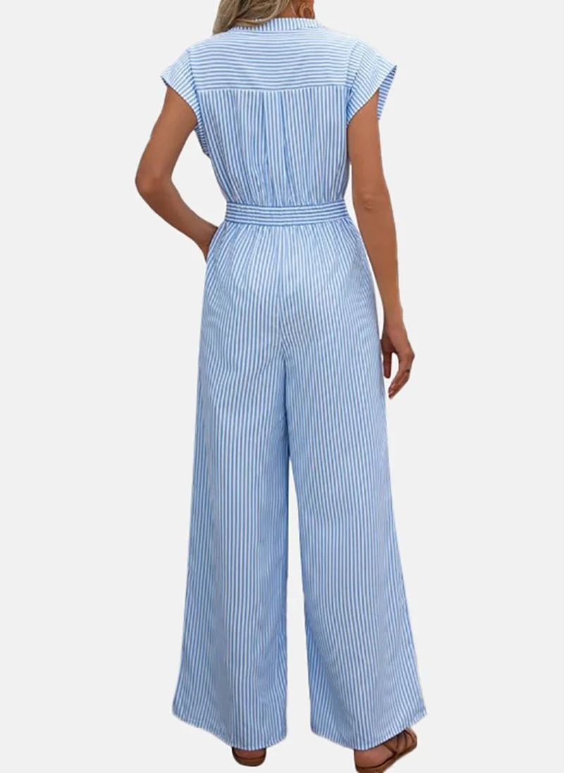 YUNIQEE Blue Striped Relaxed Fit Collared Jumpsuit