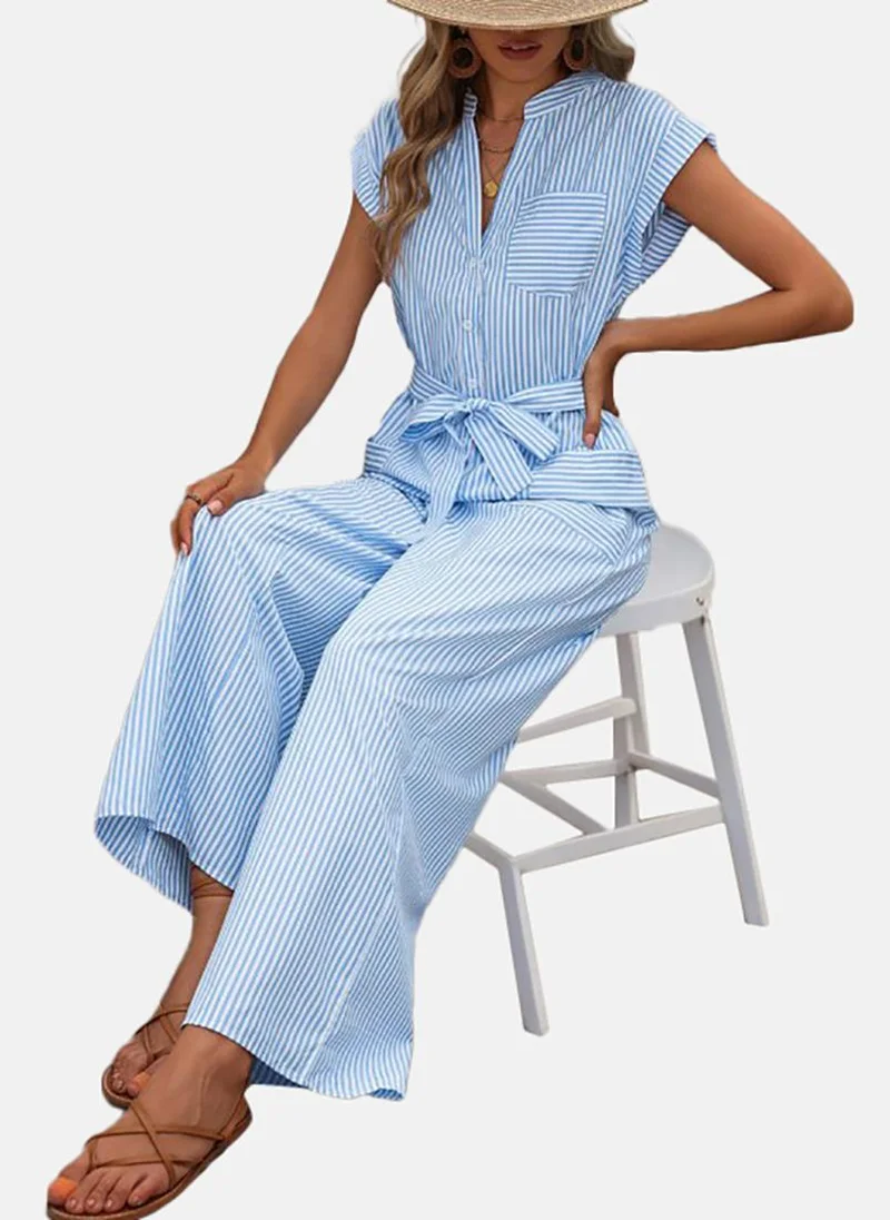 YUNIQEE Blue Striped Relaxed Fit Collared Jumpsuit