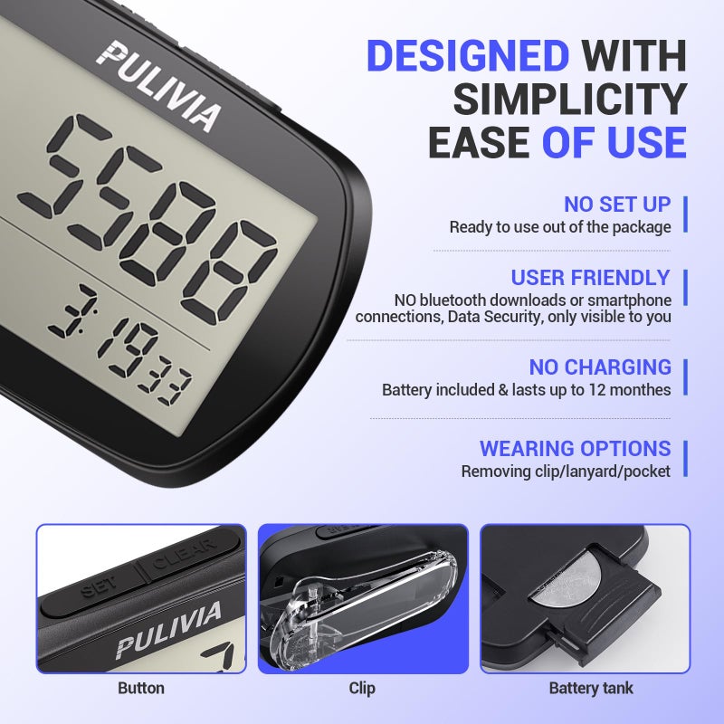 PULIVIA Pedometer for Walking 3D Step Counter with Clock, Accurate Portable Pedometer with Clip, Simple Walking Step Counter, Black - Image 4