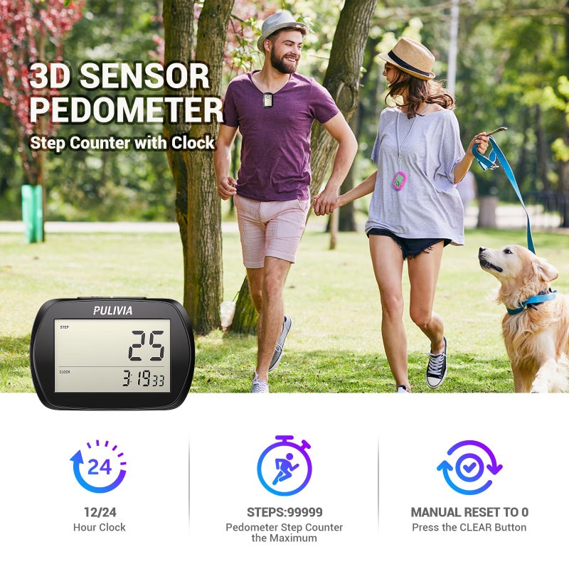 PULIVIA Pedometer for Walking 3D Step Counter with Clock, Accurate Portable Pedometer with Clip, Simple Walking Step Counter, Black - Image 2