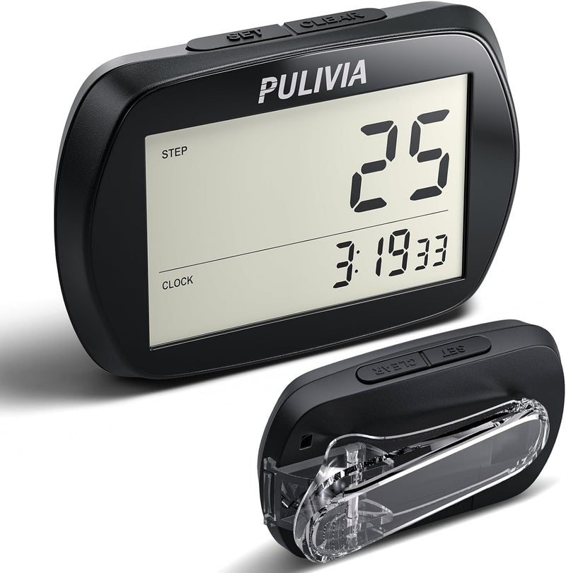 PULIVIA Pedometer for Walking 3D Step Counter with Clock, Accurate Portable Pedometer with Clip, Simple Walking Step Counter, Black - Image 1