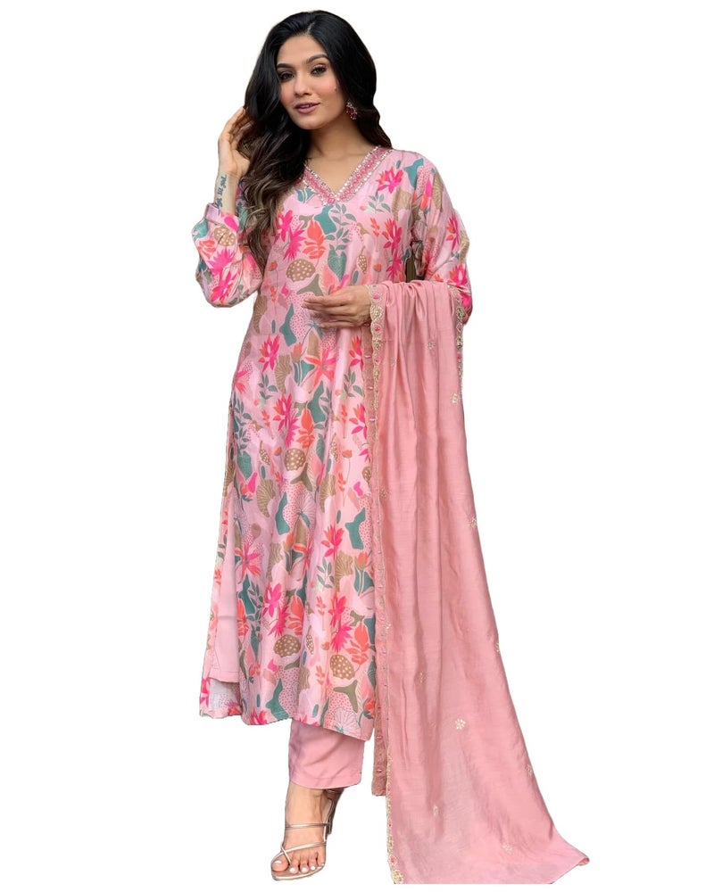 GoSriKi Women's Rayon Blend Printed Straight Kurta with Pant & Dupatta (Maslin-Multi-GS_XL_Peach_X-Large) - Image 1