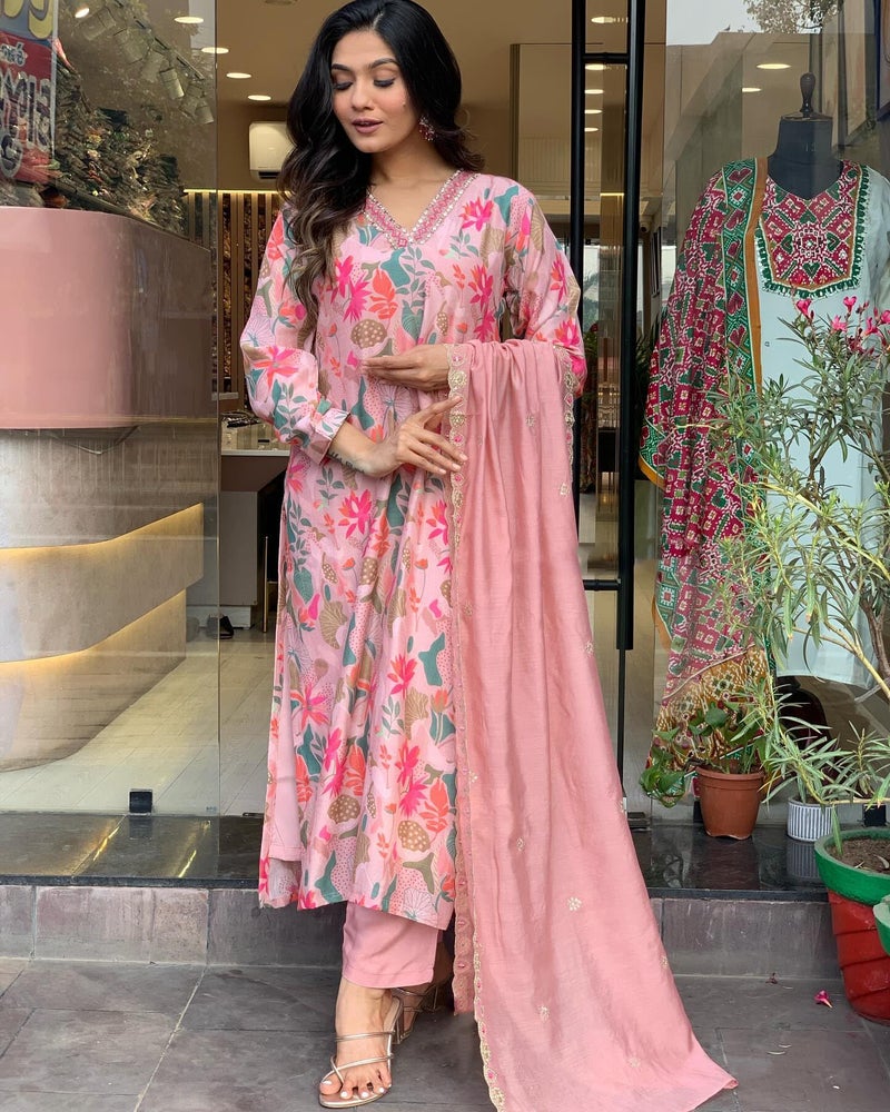 GoSriKi Women's Rayon Blend Printed Straight Kurta with Pant & Dupatta (Maslin-Multi-GS_XL_Peach_X-Large) - Image 3