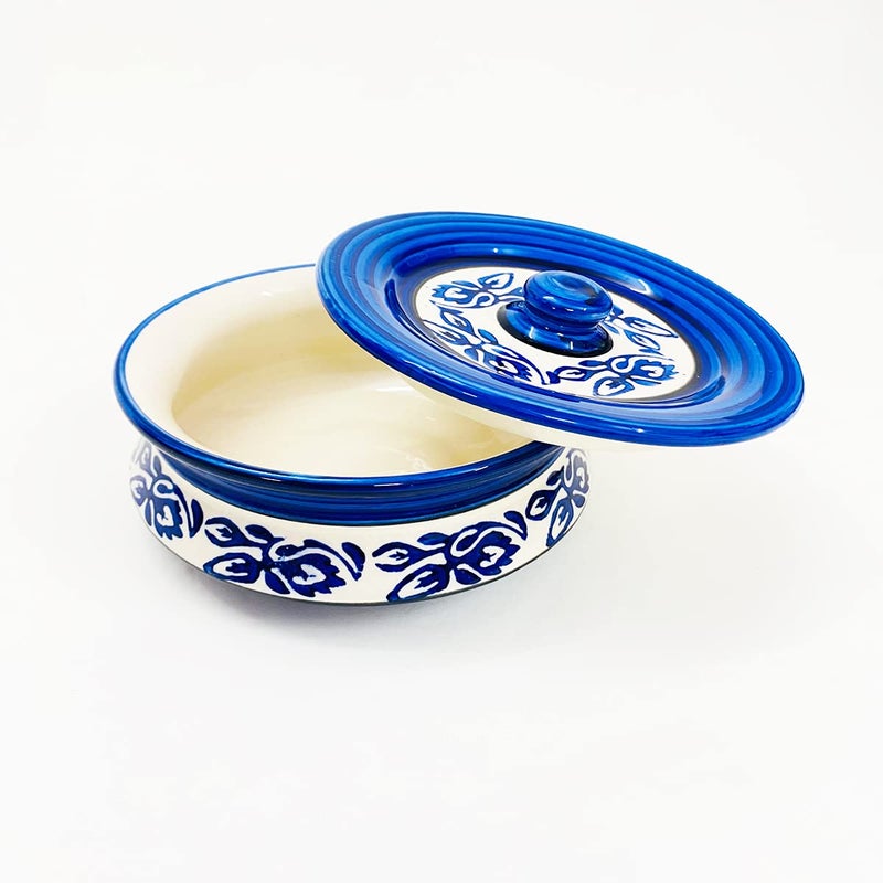SG Shadowgreen ShadowGreen | Ceramic Serving Dekchi | Serving Bowl with Lid | Dinner/Gravy Bowl | Blue Design | Set of 1 | (Small (450ml)) - Image 1