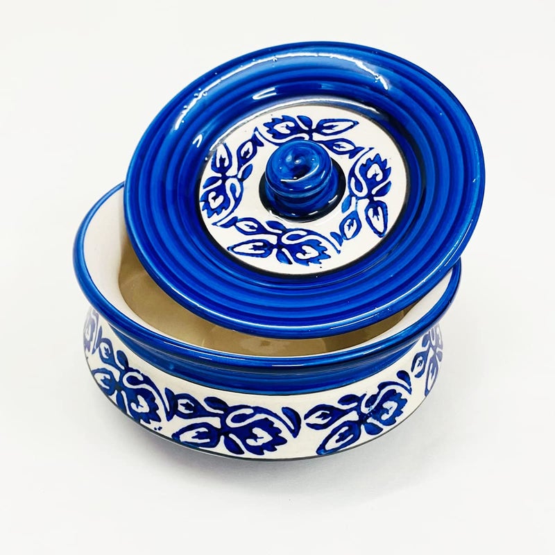 SG Shadowgreen ShadowGreen | Ceramic Serving Dekchi | Serving Bowl with Lid | Dinner/Gravy Bowl | Blue Design | Set of 1 | (Small (450ml)) - Image 2