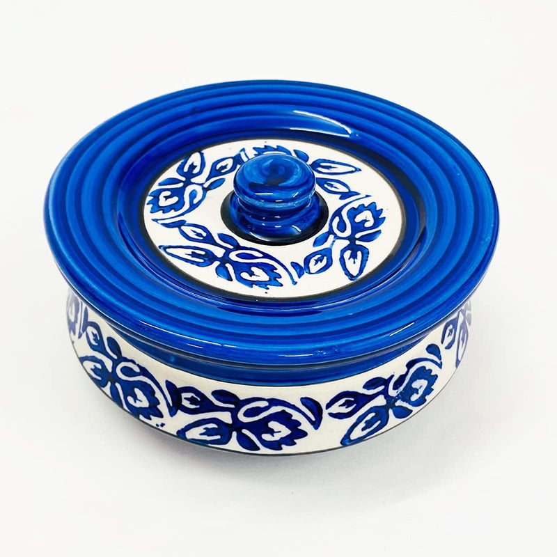 SG Shadowgreen ShadowGreen | Ceramic Serving Dekchi | Serving Bowl with Lid | Dinner/Gravy Bowl | Blue Design | Set of 1 | (Small (450ml)) - Image 3