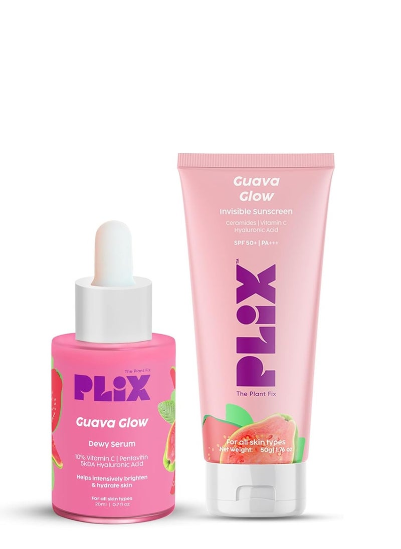 PLIX THE PLANT FIX PLIX Spf 50+ Guava Glow Sunscreen 50G and 10% Vitamin C Guava Face Serum 20Ml Combo For Uv A Uv B Protection and Skin Brightening With  Vitamin C and Hyaluronic Acid and Pentavitin  - Image 1