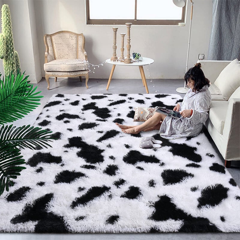 DweIke Fluffy Black White Rugs for Bedroom Living Room, 4x6 Feet Soft Plush Shaggy Cow Hide Print Girls Boys Kids Rug, Non-Slip and Machine Washable Carpet for Dorm Nursery Classroom Decor - Image 2